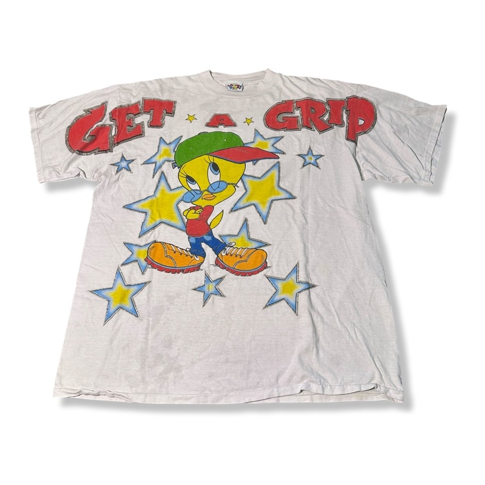 Looney Tunes T-Shirt Mens 2XL White Excellent Get A Grip Tweety Bird Vintage 90s